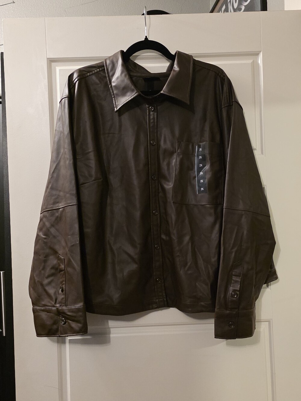 Women's Brown Faux-Leather Button-Down Shirt Jacket - Future Collective Size 2X